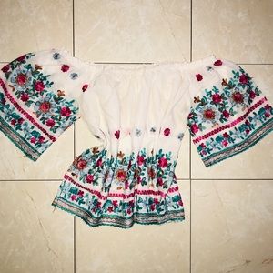 White off shoulder blouse blue and pink flower